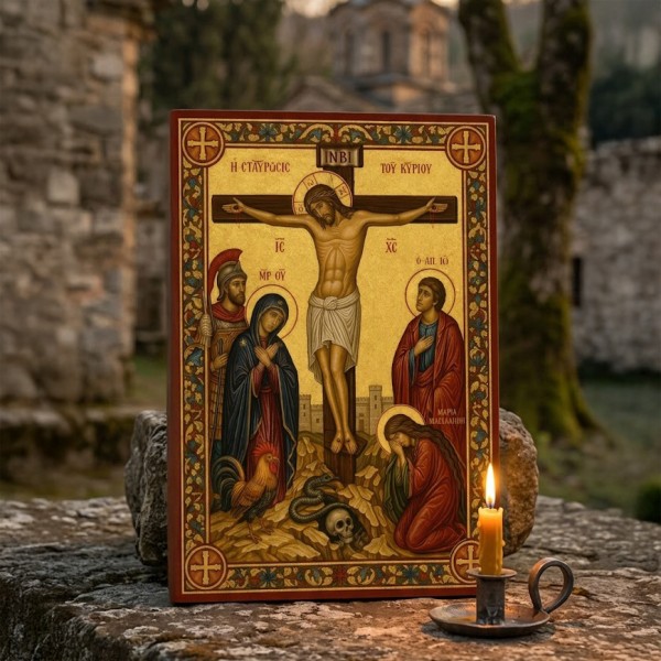 Icoană Răstignirea Domnului cu simbolurile biruinței șarpele și cocoșul