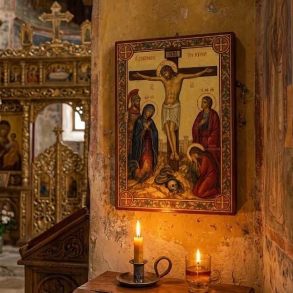 Icoană Răstignirea Domnului cu simbolurile biruinței șarpele și cocoșul