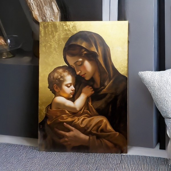 Icoana placata cu foita aurie Maica Domnului cu Pruncul. Idee de cadou, casa noua sau pentru caminul tau