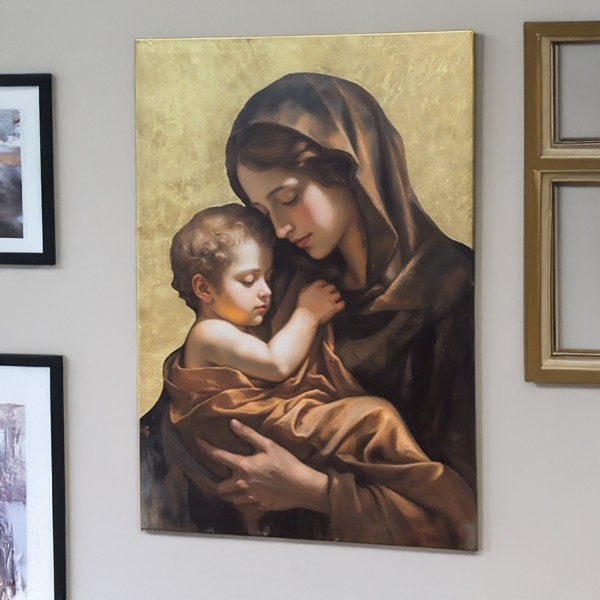 Icoana placata cu foita aurie Maica Domnului cu Pruncul. Idee de cadou, casa noua sau pentru caminul tau