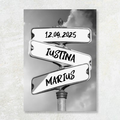 Tablou canvas personalizat Direcția Fericirii: Data și Numele Vostru 