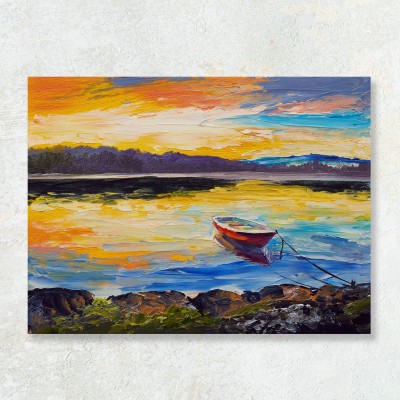 Tablou peisaj apus cu barca rosie