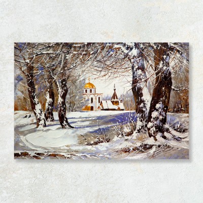 Tablou peisaj iarna cu biserica de lemn