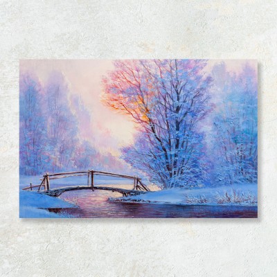 Tablou peisaj iarna podul peste rau