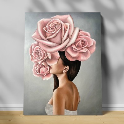 Tablou canvas fata cu buchet de flori