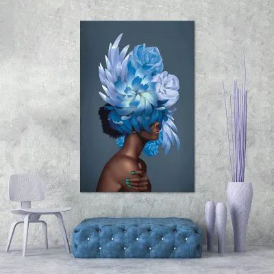 Tablou canvas decorativ fata cu flori albastre — miniatura 2