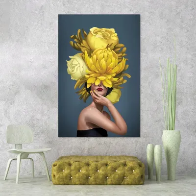 Tablou canvas decorativ fata cu flori galbene — miniatura 3