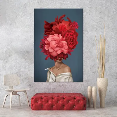 Tablou canvas decorativ fata cu flori rosii — miniatura 3