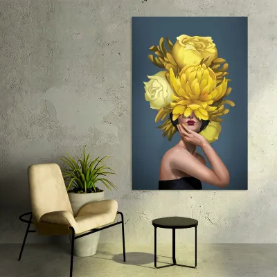 Tablou canvas decorativ fata cu flori galbene — miniatura 2