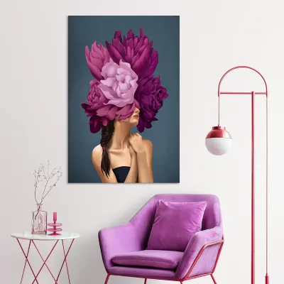Tablou canvas decorativ fata cu flori mov — miniatura 3
