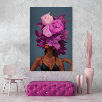 Tablou canvas decorativ fata cu flori violet — miniatura 3