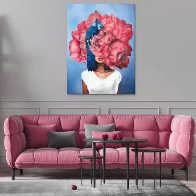 Tablou canvas fata cu palarie de flori — miniatura 2