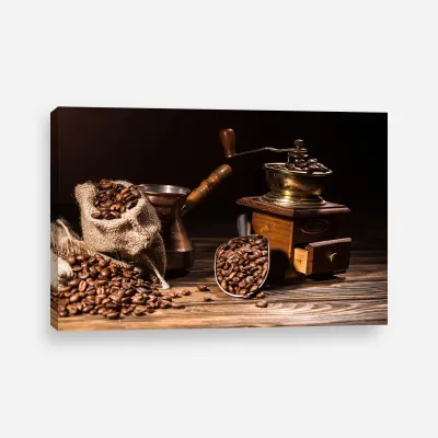 Tablou canvas cafea boabe si rasnita