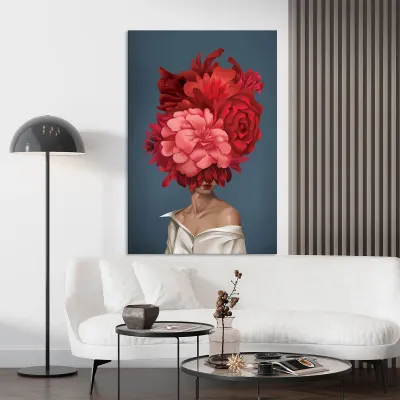 Tablou canvas decorativ fata cu flori rosii — miniatura 2