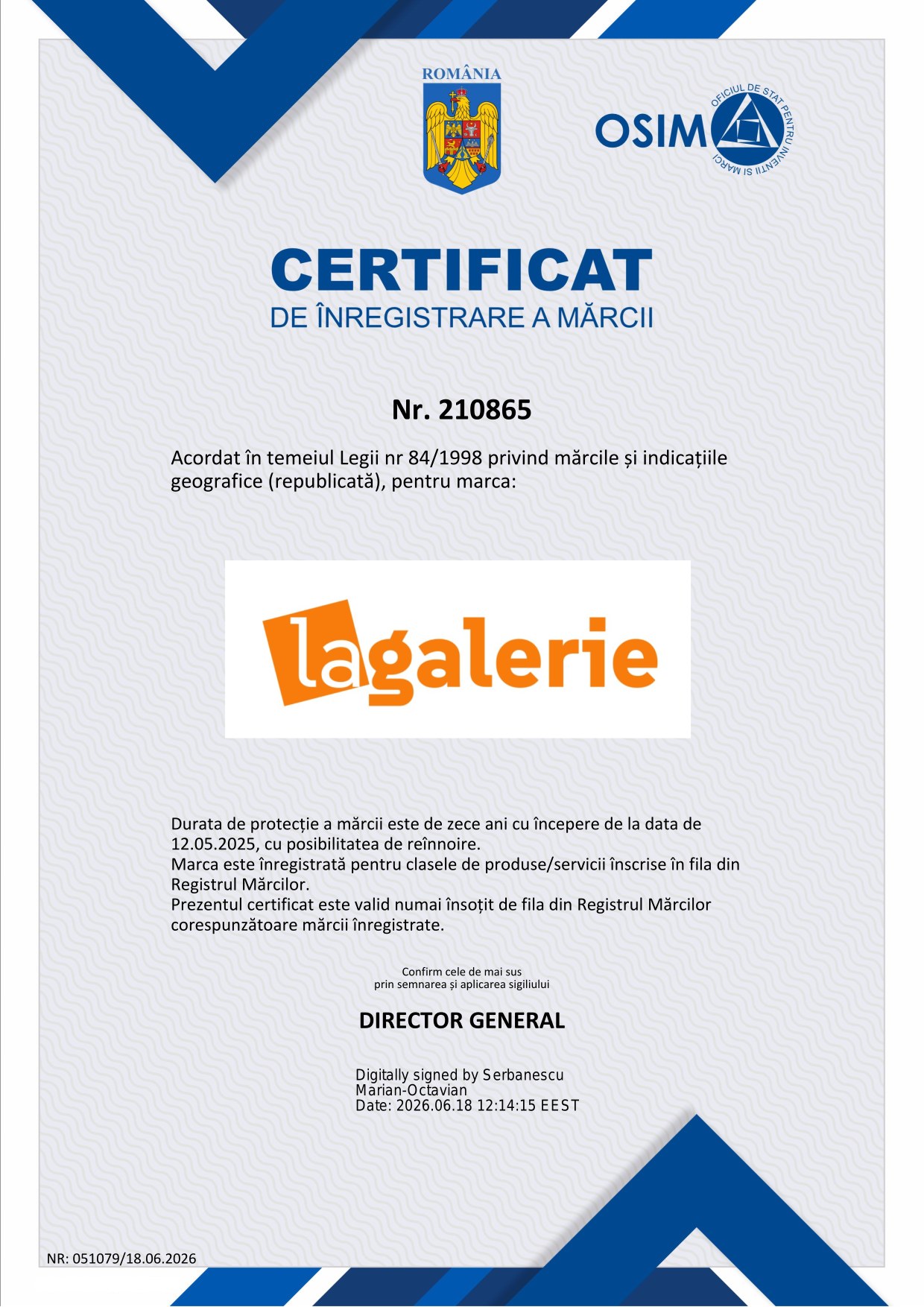Certificat de înregistrare a mărcii nr. 210865 — OSIM, marca LaGalerie