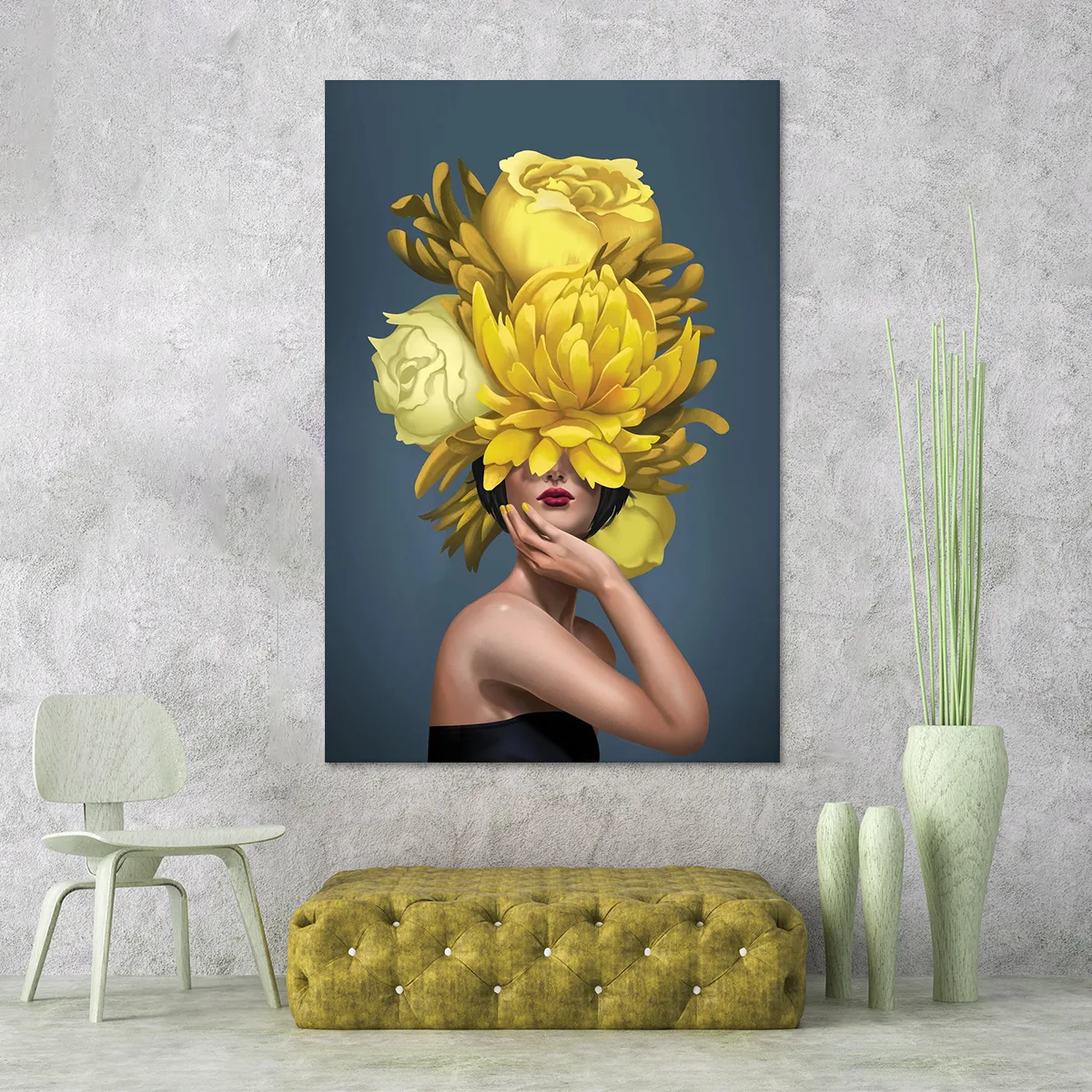 Tablou canvas decorativ fata cu flori galbene — imaginea 3