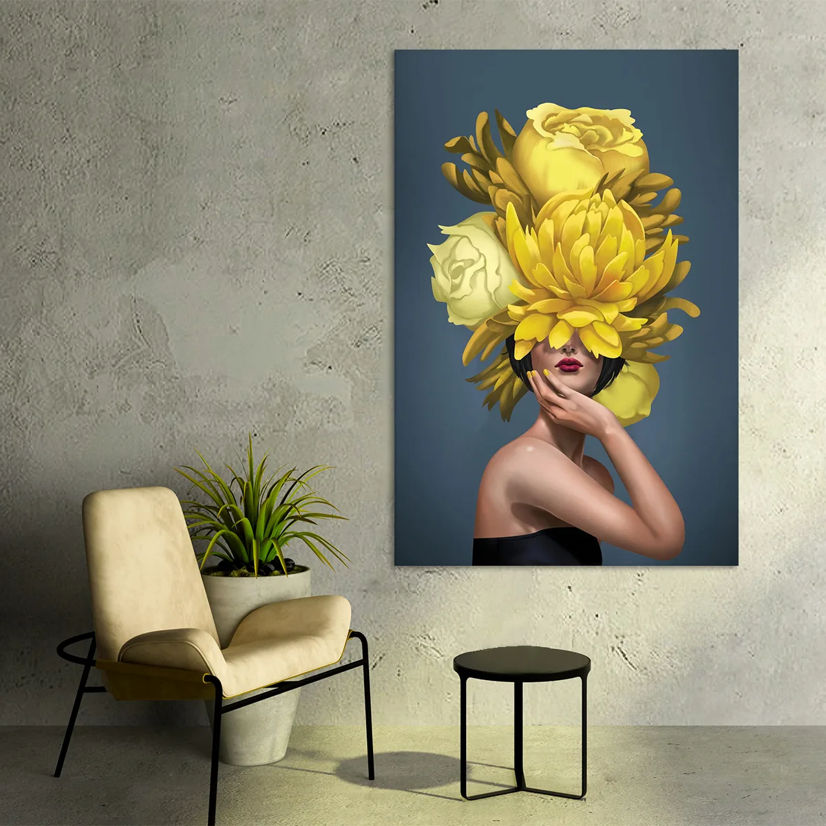 Tablou canvas decorativ fata cu flori galbene — imaginea 2