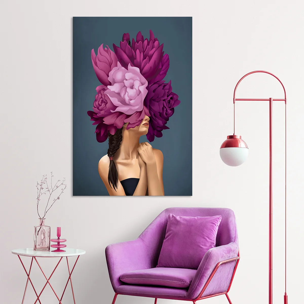 Tablou canvas decorativ fata cu flori mov — imaginea 3