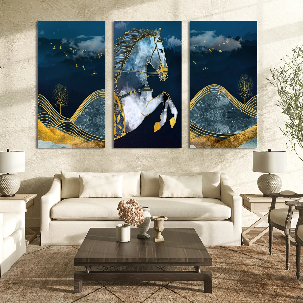 Set 3 tablouri golden horse — imaginea 3