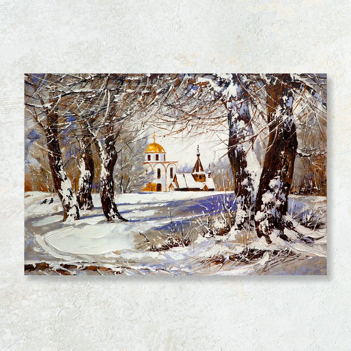 Tablou peisaj iarna cu biserica de lemn