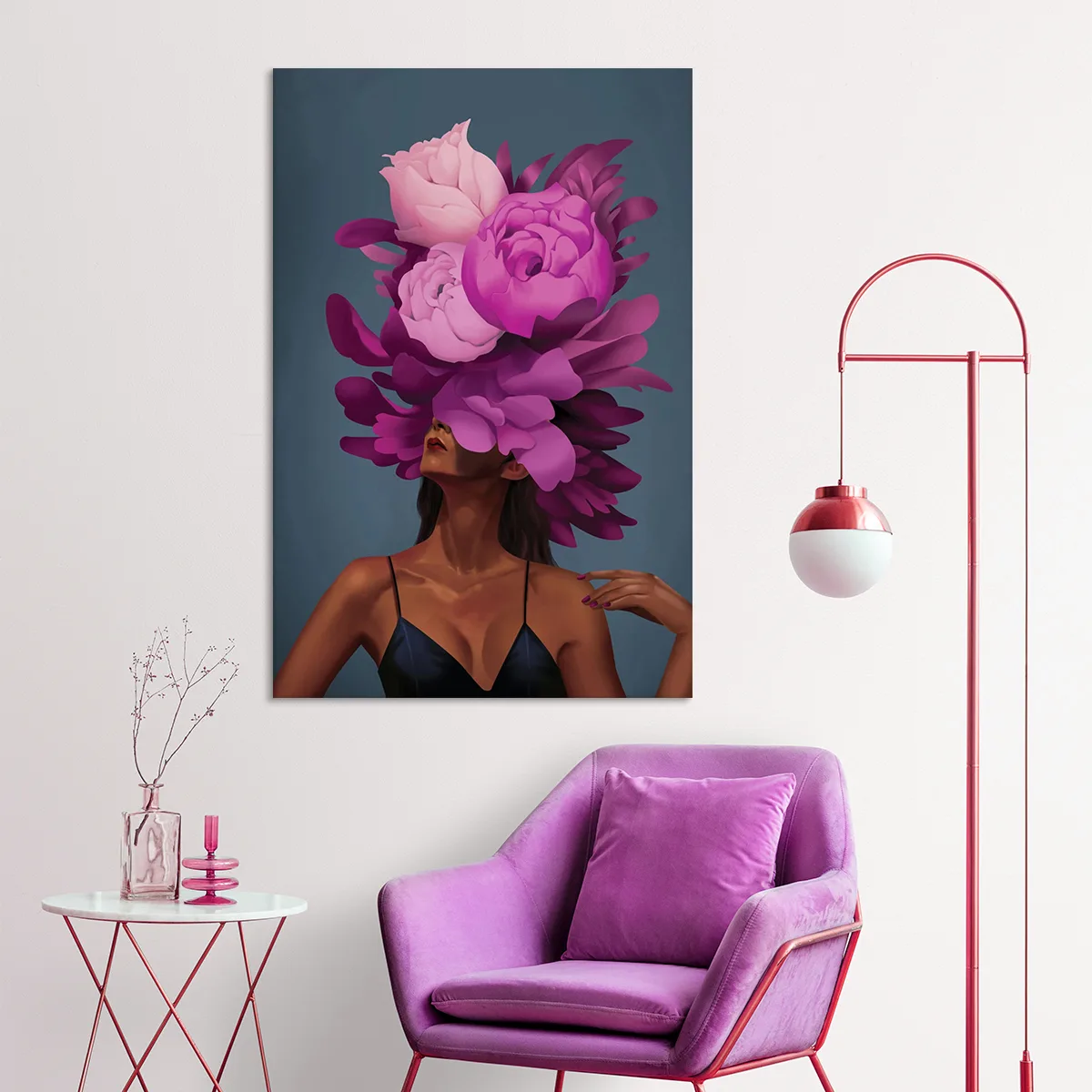 Tablou canvas decorativ fata cu flori violet — imaginea 2