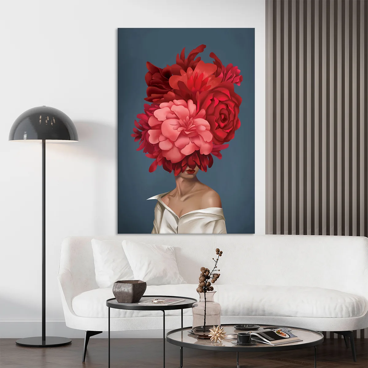 Tablou canvas decorativ fata cu flori rosii — imaginea 2