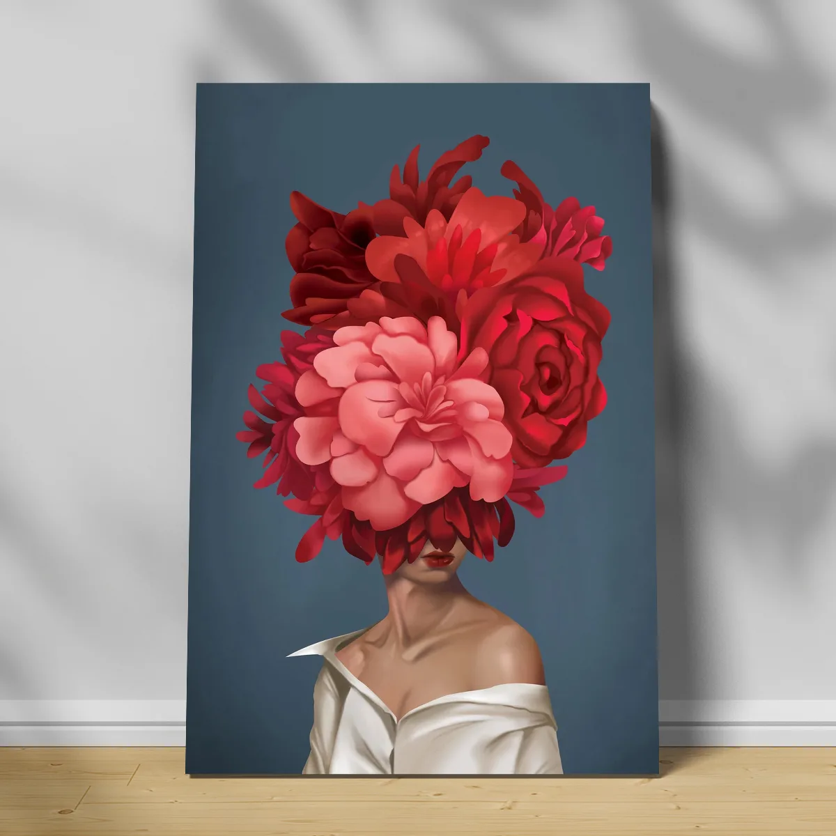 Tablou canvas decorativ fata cu flori rosii