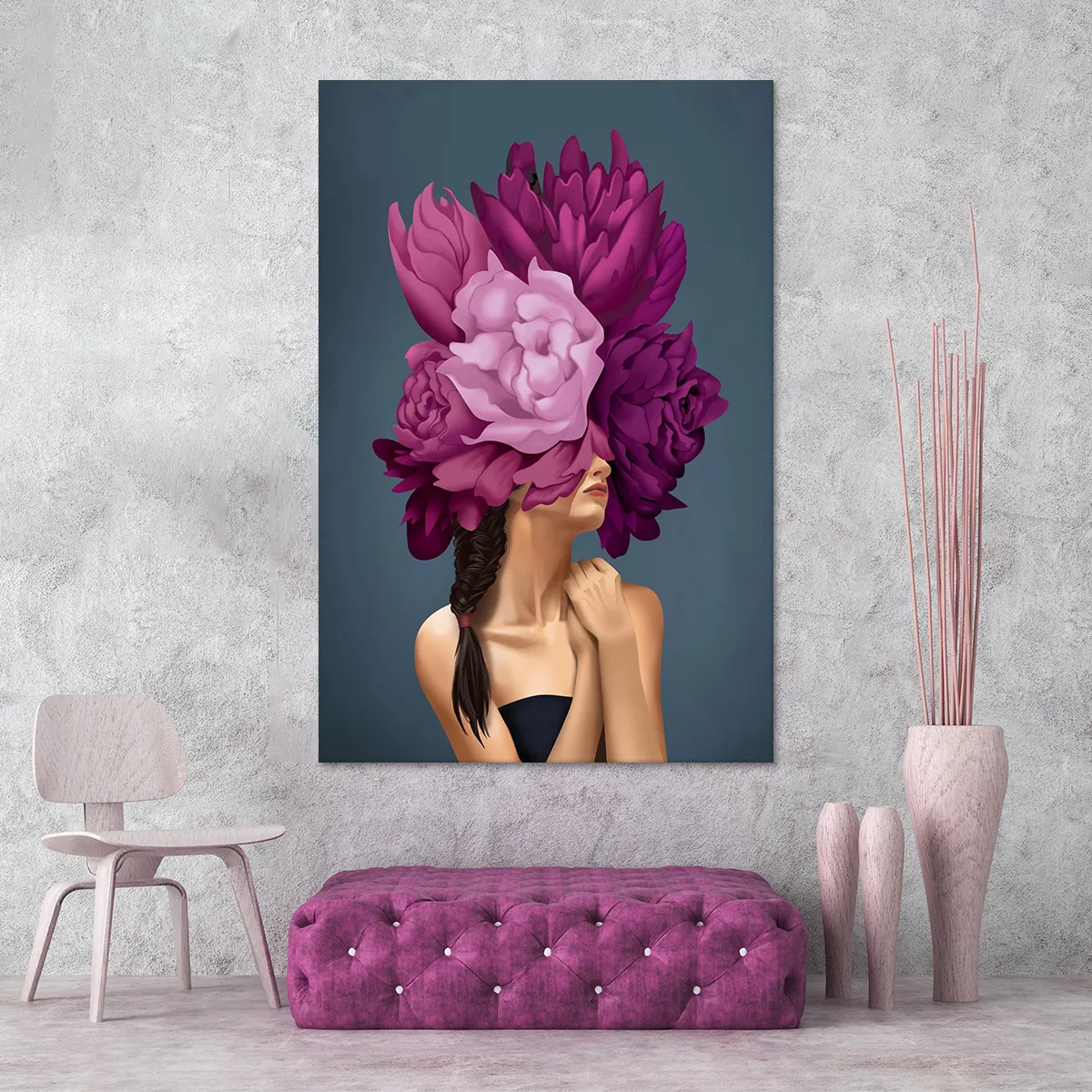 Tablou canvas decorativ fata cu flori mov — imaginea 2